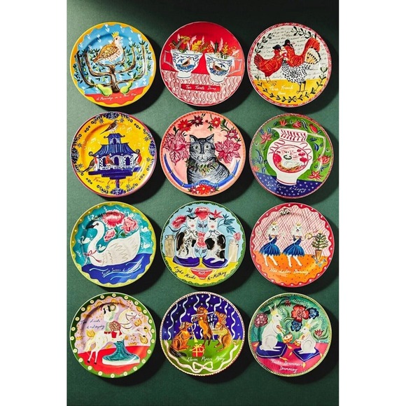 Anthropologie Emily Maude 12 Days‎ Christmas Dessert Plate Bunny Drummers Twelve - Picture 4 of 4